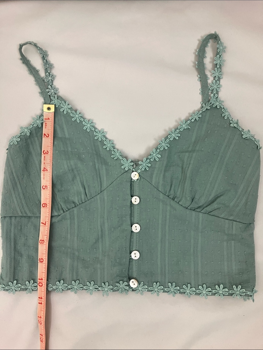 Mint Green Floral Trim Cropped Button Front Top Woman’s Size Small - Picture 6 of 6